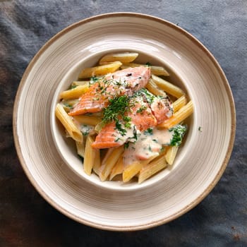 Penne aux deux saumons features creamy dill sauce succulent roasted salmon and smoked salmon for a rich seafood experience.