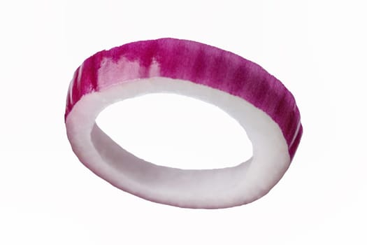 Red onion flying ring isolated on a white background, with selective focus