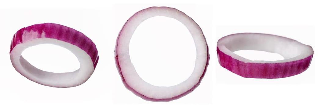 Flying red onion rings on a white background, set of three pieces