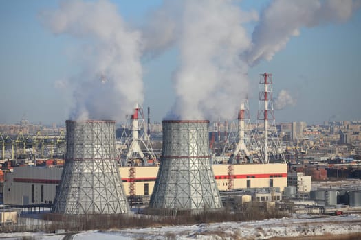St. Petersburg, Russia, March 5, 2018.  thermal power plant cooling tower in the foreground, cold winter weather