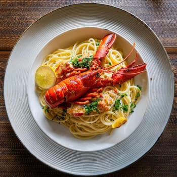 Linguine a la langouste features grilled spiny lobster creamy bisque sauce and fresh herbs for a delightful coastal dining experience.