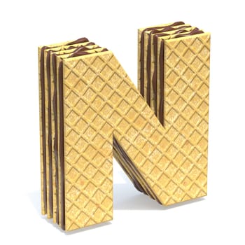 Waffles font with chocolate cream filling Letter N 3D rendering illustration isolated on white background
