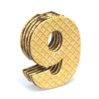 Waffles font with chocolate cream filling Number 9 NINE 3D rendering illustration isolated on white background