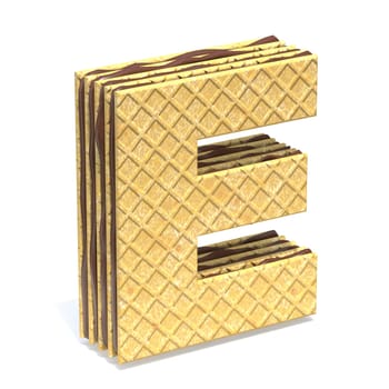 Waffles font with chocolate cream filling Letter E 3D rendering illustration isolated on white background
