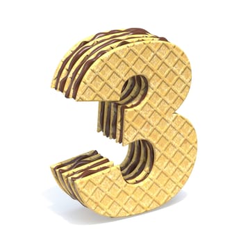 Waffles font with chocolate cream filling Number 3 THREE 3D rendering illustration isolated on white background