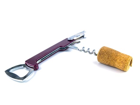 Cork from a wine bottle and a corkscrew on a white background. Place for text.