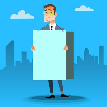 Businessman with a poster on the street and place for text
