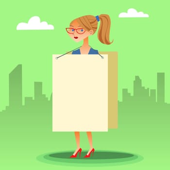 businesswomen with a poster on the street and place for text