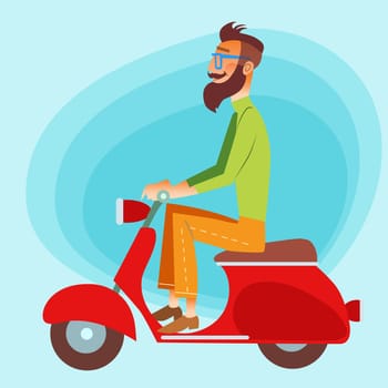 Bearded fashionable tourist riding a scooter on the road