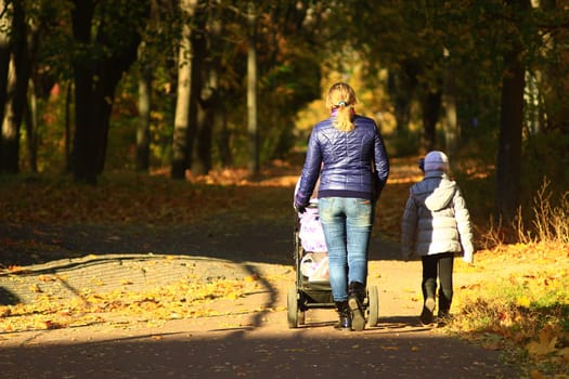 woman with baby in perambulator and elder child walking in the autumn park