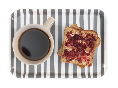 A close up shot of a wooden breakfast tray