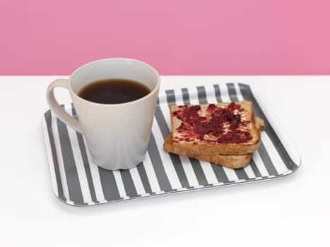 A close up shot of a wooden breakfast tray
