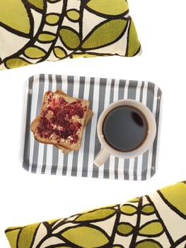 A close up shot of a wooden breakfast tray