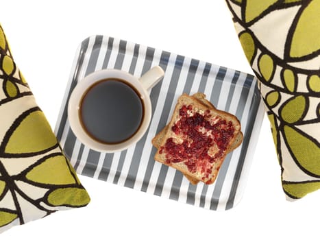 A close up shot of a wooden breakfast tray