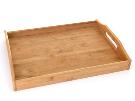 A close up shot of a wooden breakfast tray