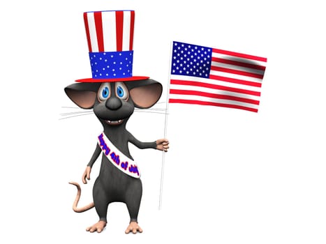 A cute smiling cartoon mouse wearing a flag decorated hat and a sash with the text Happy 4th of July and holding an American flag. He is celebrating 4th of July or Independence Day. White background.