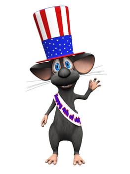 A cute smiling cartoon mouse wearing a flag decorated hat and a sash with the text Happy 4th of July. He is celebrating 4th of July or Independence Day. White background.