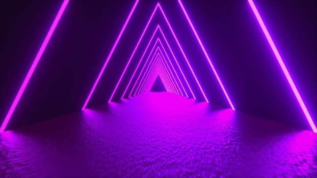 3D rendering, abstract geometric background, virtual reality, computer generated fluorescent ultraviolet light, glowing neon lines, a triangular tunnel with a straight smooth road