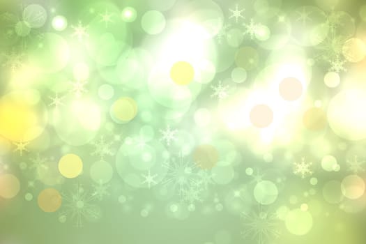Abstract blurred festive light green white winter christmas or Happy New Year background texture with yellow bokeh circles and stars. Card concept.