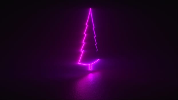 3d rendering, computer generated abstract black background with neon christmas tree. Technology holiday video footage