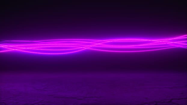 Computer generated wavy neon lines of wire over grunge surface. 3D rendering abstract background, virtual reality