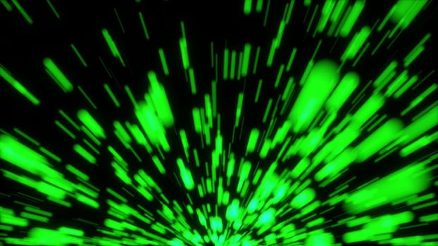 Fast flight of green lights streak in the lateral direction, 3d rendering computer background