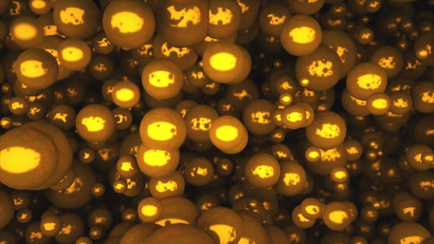 Abstract 3D rendering, computer generated dense consistency of gold bubbles large and small on a black background