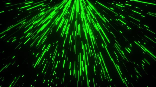 Fast flight of green lights streak in the lateral direction, 3d rendering computer background