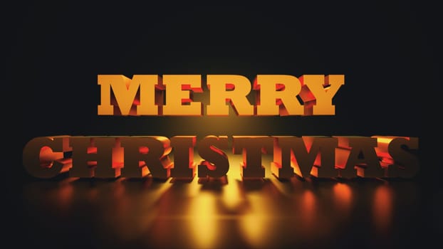 Merry Christmas, golden capitalized text, 3D rendering backdrop, computer generated text for holiday design
