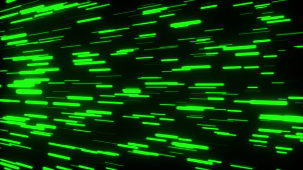 Fast flight of green lights streak in the lateral direction, 3d rendering computer background