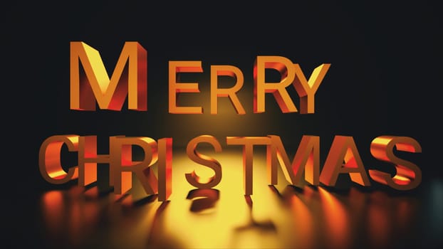 Merry Christmas, golden capitalized text, 3D rendering backdrop, computer generated text for holiday design