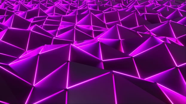 3d rendering polygonal digital abstract background. Computer generation low poly waving surface with neon glowing light. Geometric futuristic triangles