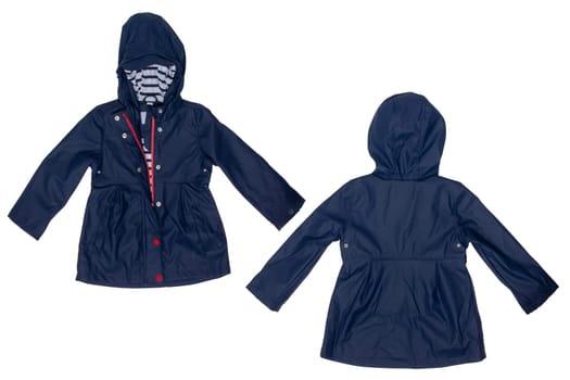 Rain jacket. Close-up of elegant waterproof marine blue zipper windbreaker jacket and hood for girls isolated on a white background. Kids fashion for rain season. Front and back view.