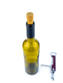 Cork from a wine bottle and a corkscrew on a white background. Place for text.