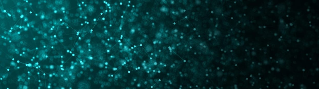 Abstract connection of dots with bokeh on black background generated by computer. Widescreen 3d rendering