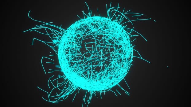3d rendering, computer generated sphere or ball of numerous neon scribbles particles and lines on a black background