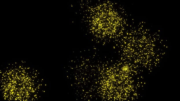 Computer generated abstract composition many flashes of golden salute on a black background. 3d rendering