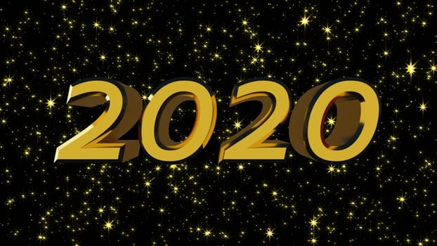 Golden shiny text 2020 with many stars, modern background for New Year holidays, 3d rendering computer generated backdrop