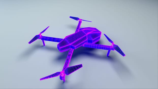 3D rendering of a neon flying drone, modern background for computer technology