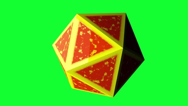 Computer generated icosahedron, 3d rendering of platonic with yellow edges and an orange center on a black background
