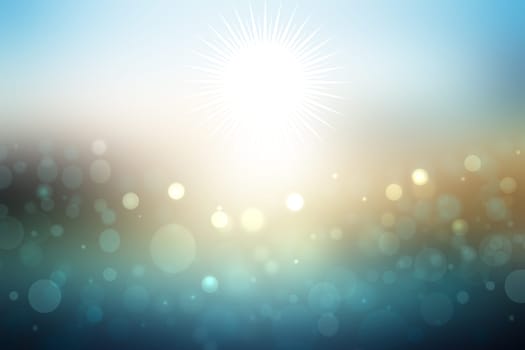 Abstract sunset illustration. Abstract evening or sunset mood background texture with blue ocean and pastel colored bokeh lights, stars and light blue sunny sky. Beautiful sunset.
