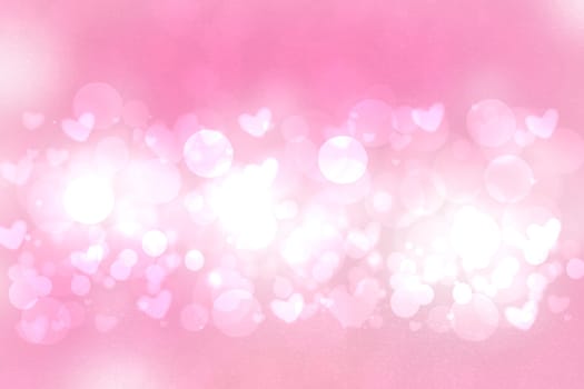Happy Valentines or wedding day. Abstract delicate love romantic holiday pink gradient purple background with white bokeh circles and hearts. Template for cards with space for your design. Beautiful texture.
