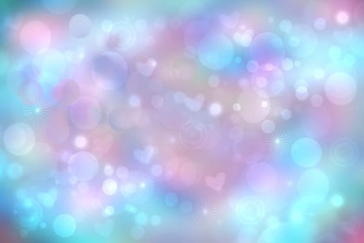 Abstract festive blur bright blue pastel background with pink hearts love bokeh and stars for wedding card or Valentine‘s day. Romantic textured backdrop with space for your design. Card concept.