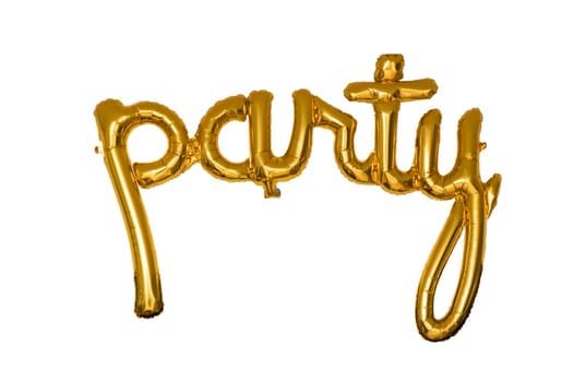 A gold colored balloon spelling the letters party isolated on white