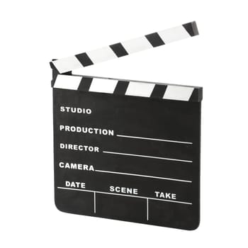 Classic hollywood chalk clapperboard angled right open isolated on a white background with clipping path