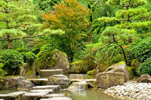 A tranquil scene with rocks water and trees in the japanese garden in Augsburg, Germany