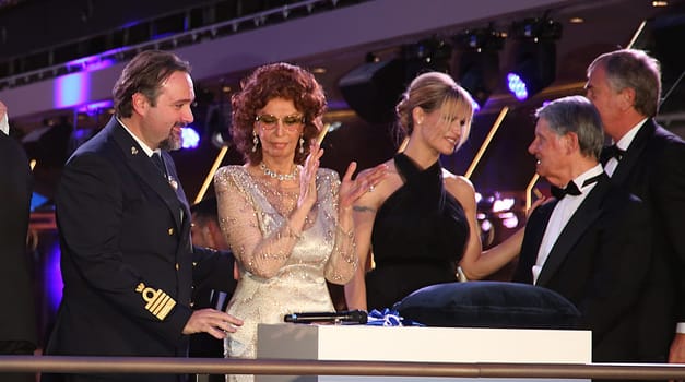 Sophia Loren cuts the ribbon at the MSC Grandiosa Naming Ceremony on November 09, 2019 in Hamburg, Germany
