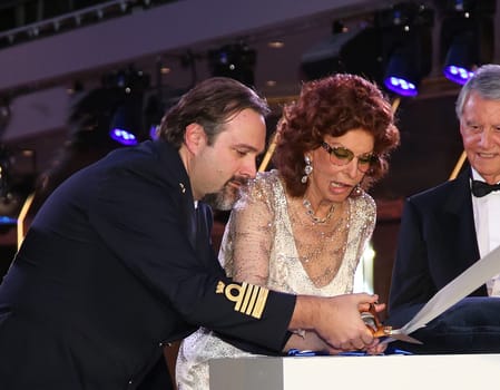 Sophia Loren cuts the ribbon at the MSC Grandiosa Naming Ceremony on November 09, 2019 in Hamburg, Germany