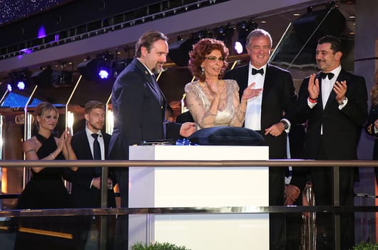 Sophia Loren cuts the ribbon at the MSC Grandiosa Naming Ceremony on November 09, 2019 in Hamburg, Germany