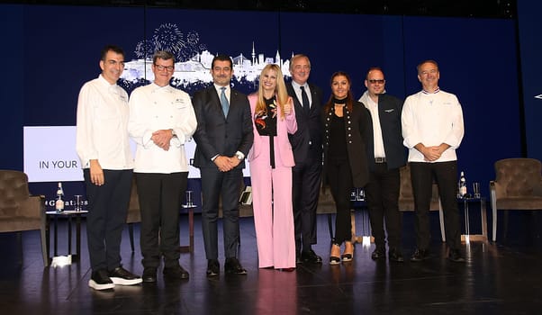Gianni Onorato, Michelle Hunziker, Pierfrancesco Vago, Jean Phlippe Maury, Ramon Freixa, Harald Wohlfarth at the MSC Grandiosa Naming Ceremony on November 09, 2019 in Hamburg, Germany